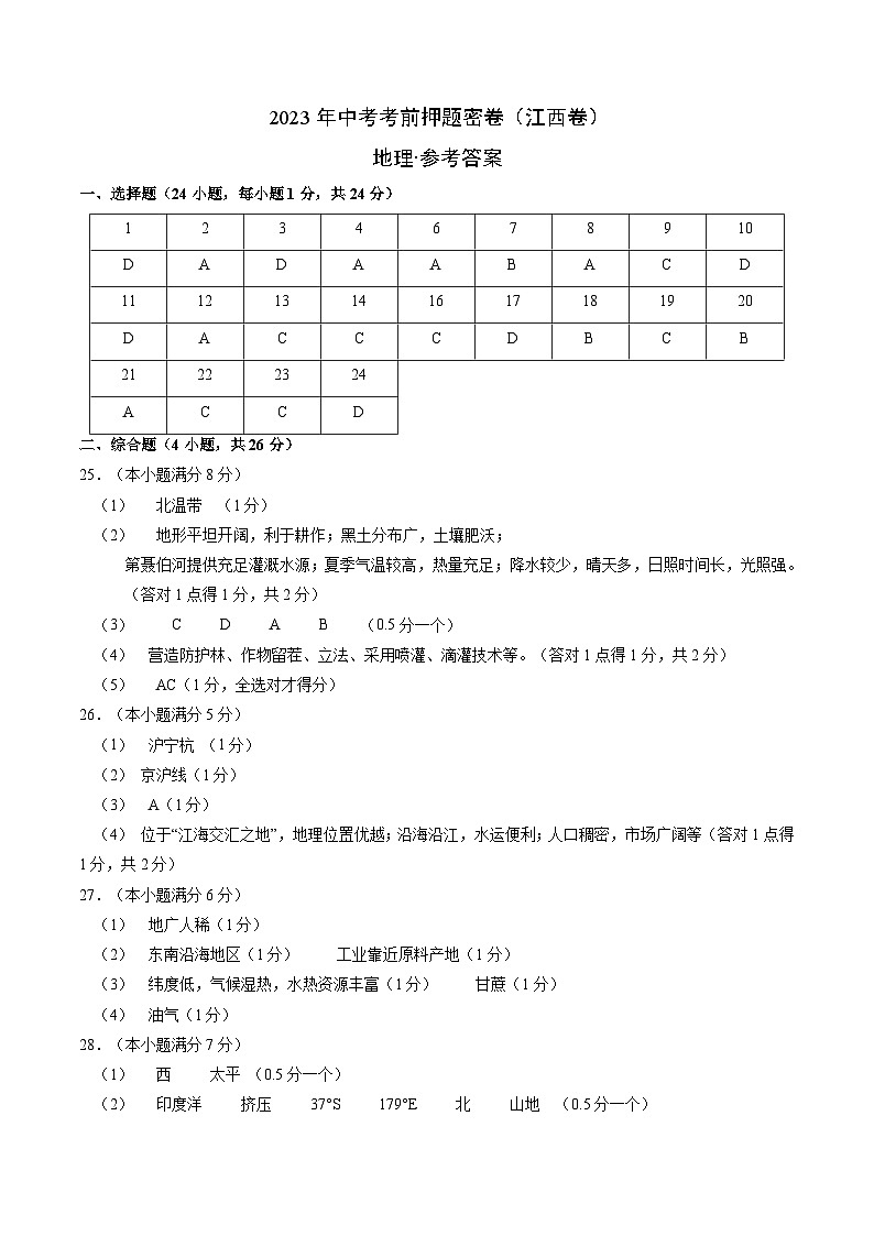 地理(江西卷)-学易金卷:2023年中考考前押题密卷(含考试版、全解全析、参考答案、答题卡)01