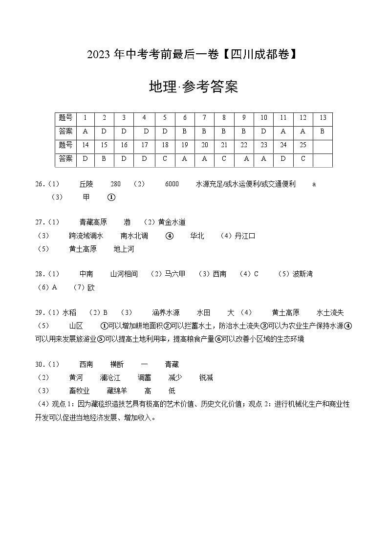 (四川成都卷)【试题猜想】2023年中考考前最后一卷(参考答案)第1页