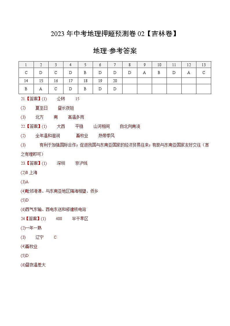 2023年中考地理押题卷02(吉林卷)(参考答案)第1页