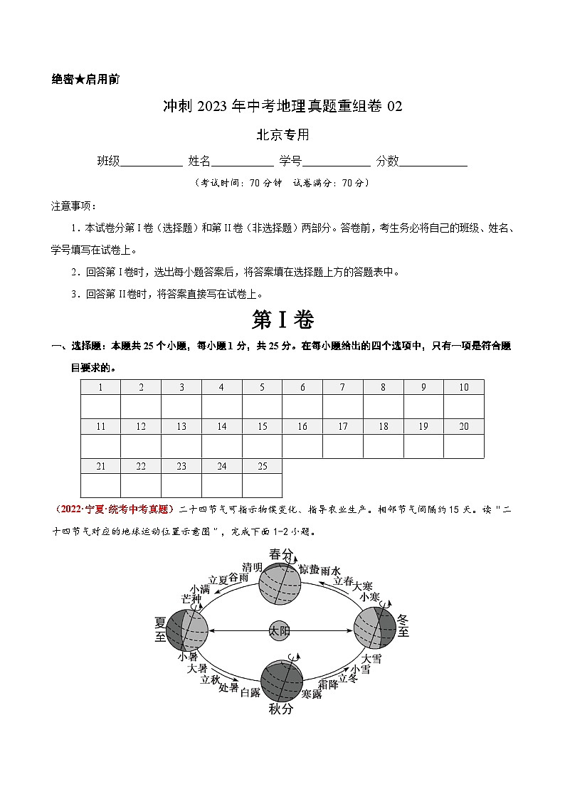 重組卷02——2023年中考地理真題匯編重組卷（北京專(zhuān)用）（原卷版）第1頁(yè)