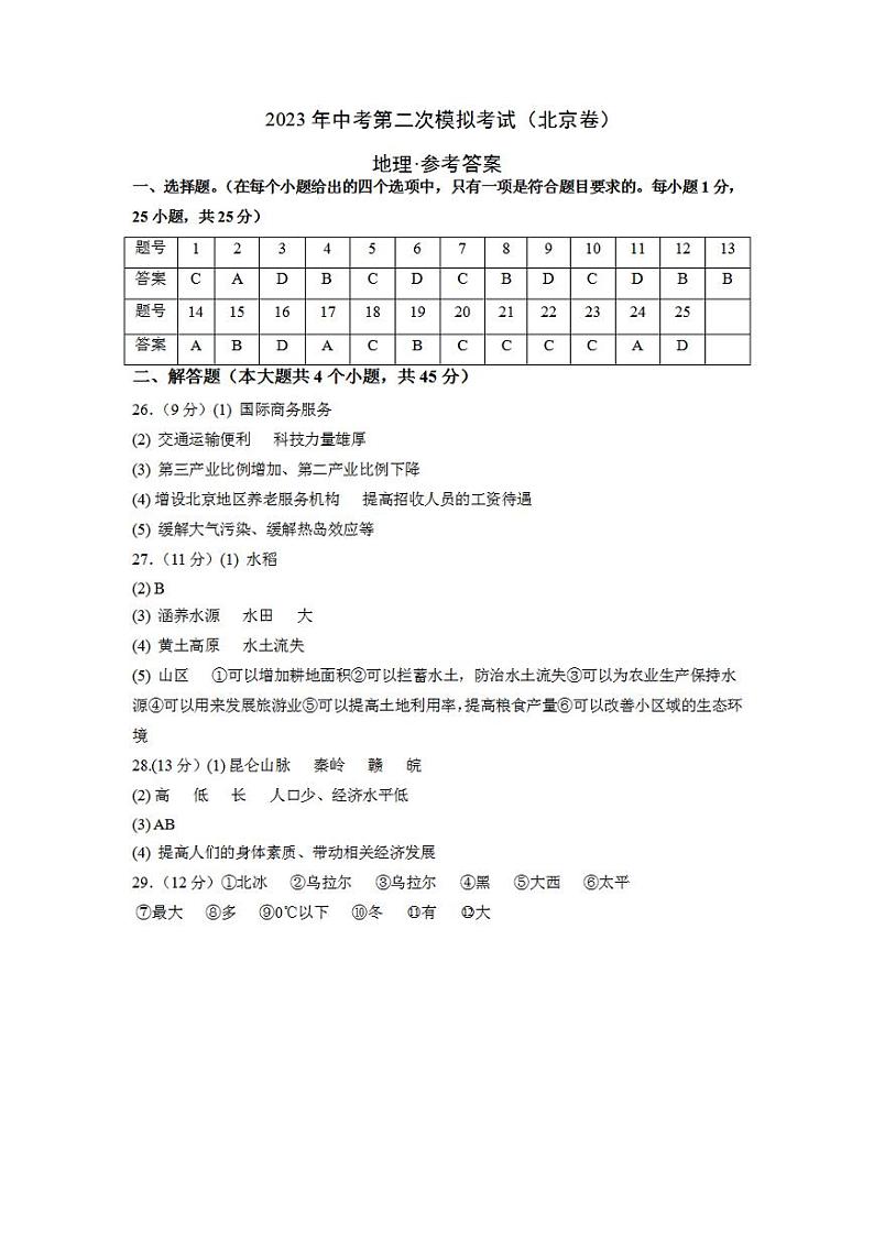 (北京卷)2023年中考地理第二次模拟考试(参考答案)第1页