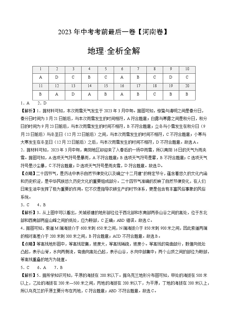 (河南卷)2023年中考考前最后一卷:地理(全析全解)第1页