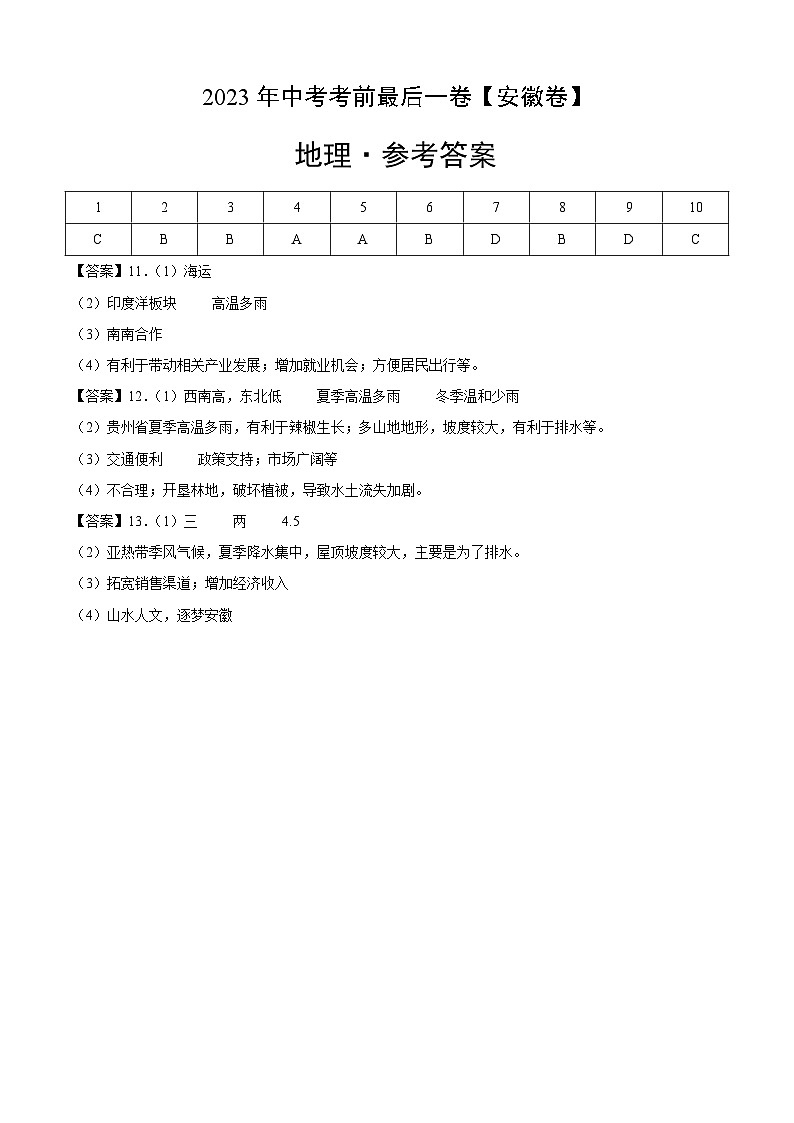 地理(安徽卷)2023年中考考前最后一卷(参考答案)01