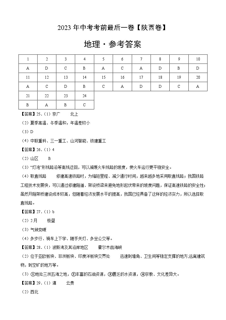 地理(陕西卷)2023年中考考前最后一卷(参考答案)第1页