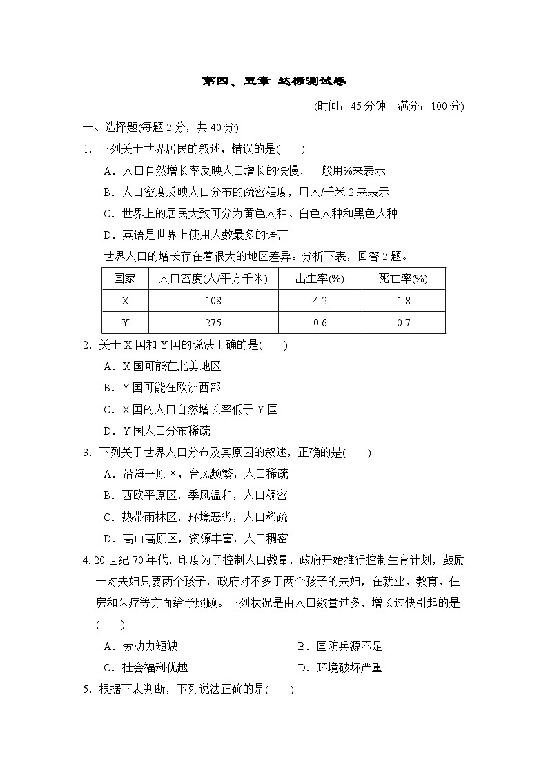 人教版地理七年級上第四、五章達(dá)標(biāo)測試卷第1頁