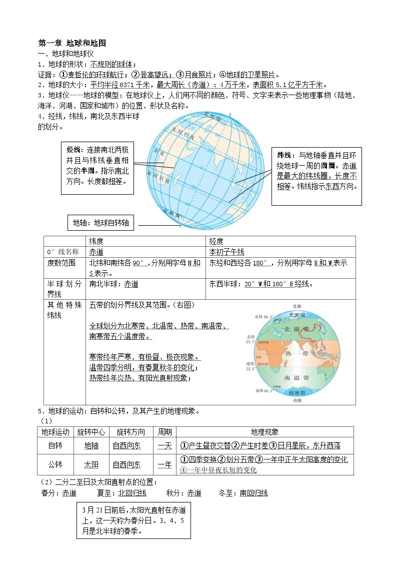 【期末复习】湘教版地理七年级上册单元知识梳理：第一章 地球和地图01