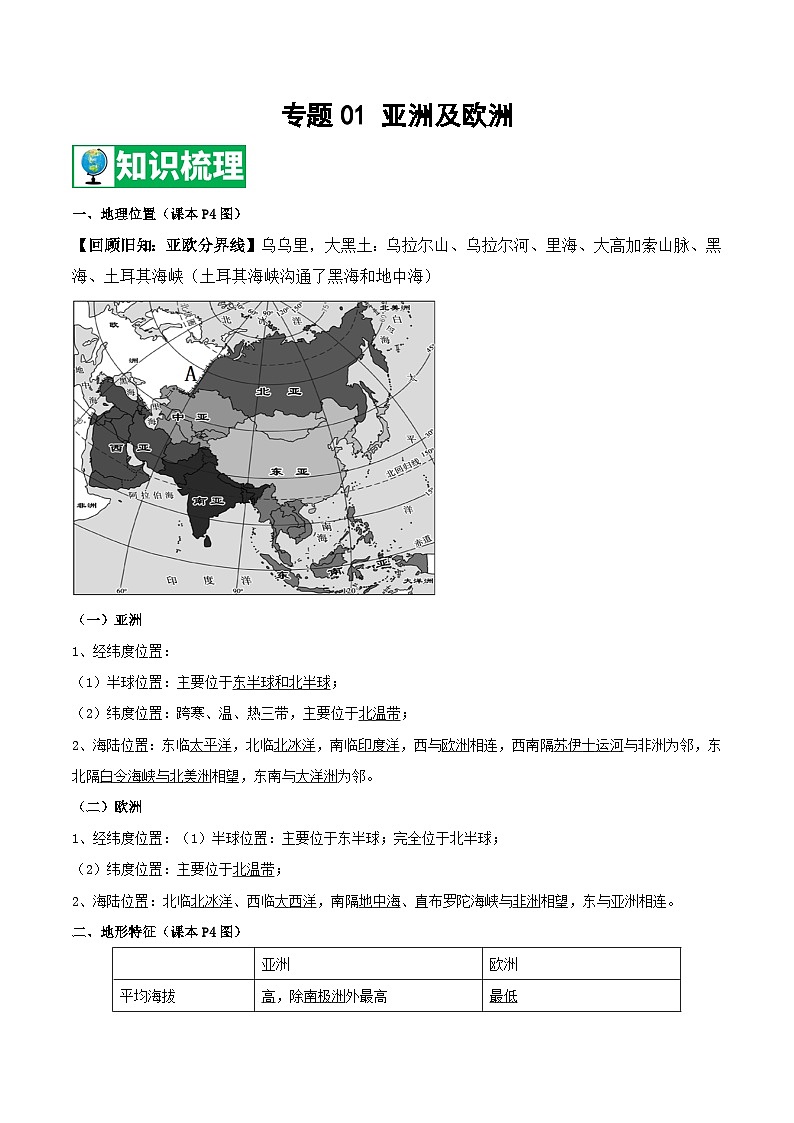 【期末知识梳理】2020-2021学年湘教版七年级地理下学期期末-专题01《亚洲及欧洲》复习学案第1页