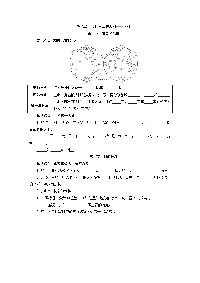 人教版地理七年級下冊期末知識點填空(無答案)第1頁
