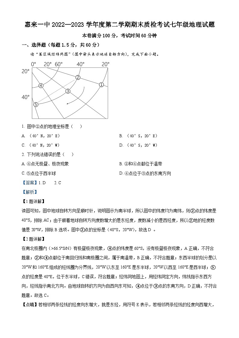 精品解析:广东省揭阳市惠来县第一中学2022-2023学年七年级下学期期末地理试题(解析版)第1页
