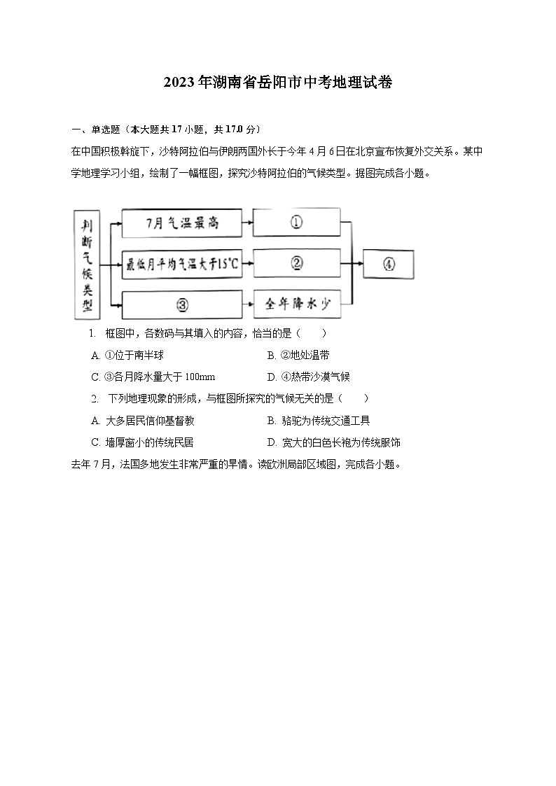 2023年湖南省岳阳市中考地理试卷(含解析)01