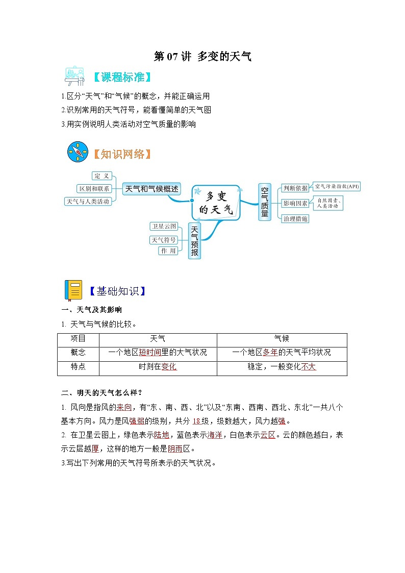 【暑假初中预备】人教版地理新七年级(六升七)暑假预习-7.3.1 第07讲 多变的天气 讲学案 (解析版)第1页