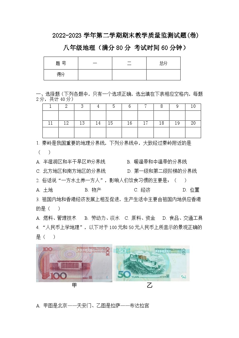山西省吕梁市交城县2022-2023学年八年级下学期期末地理试题(含答案)01