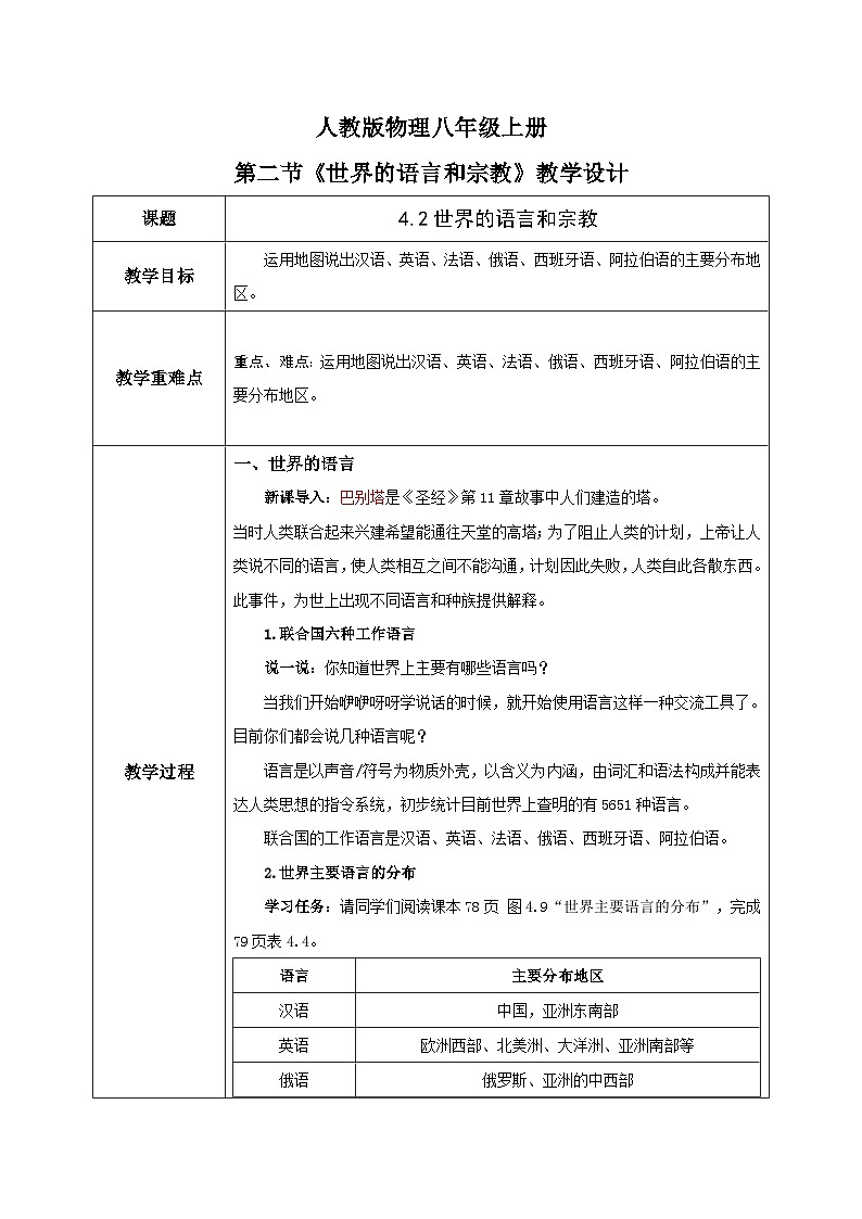 4.2《世界的语言和宗教》课件+教案+练习01