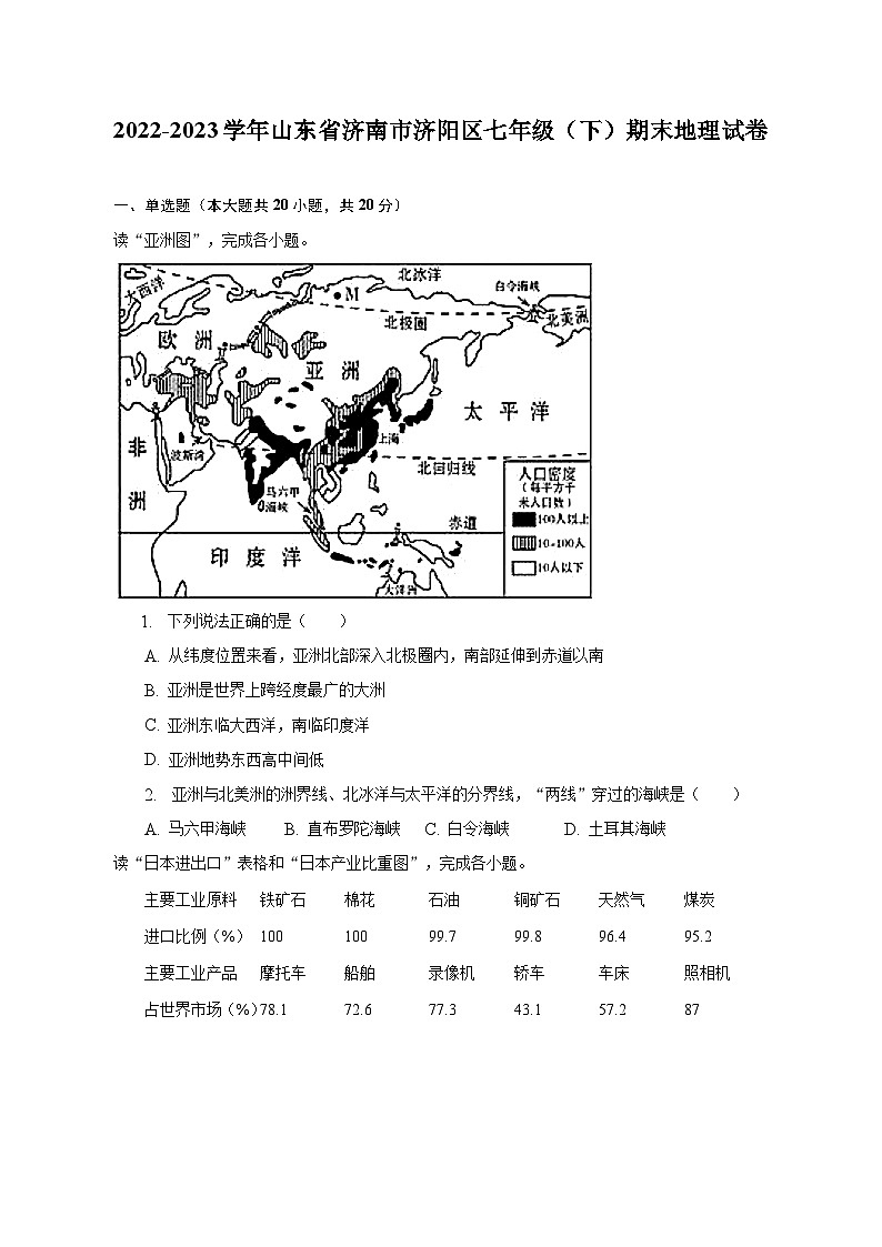2022-2023学年山东省济南市济阳区七年级(下)期末地理试卷(含解析)01