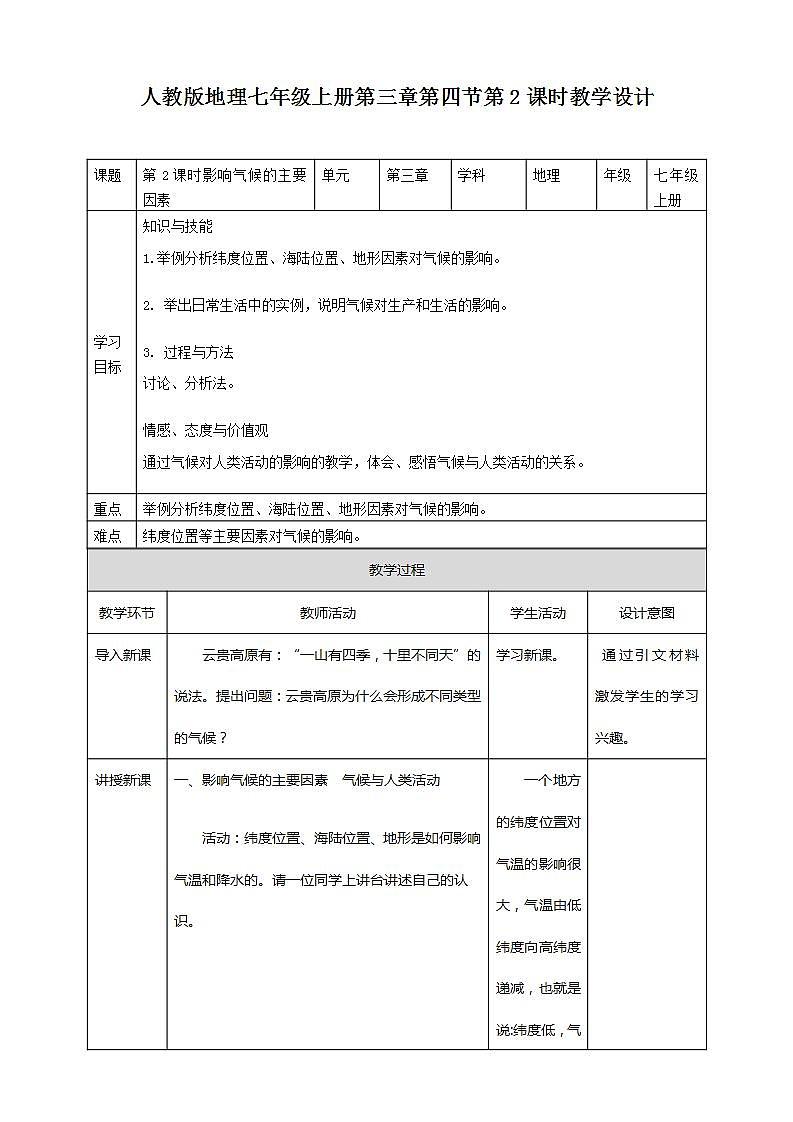 人教版地理七年級(jí)上冊(cè) 第三章第四節(jié)第2課時(shí)影響氣候的主要因素  氣候與人類活動(dòng) 教案第1頁(yè)