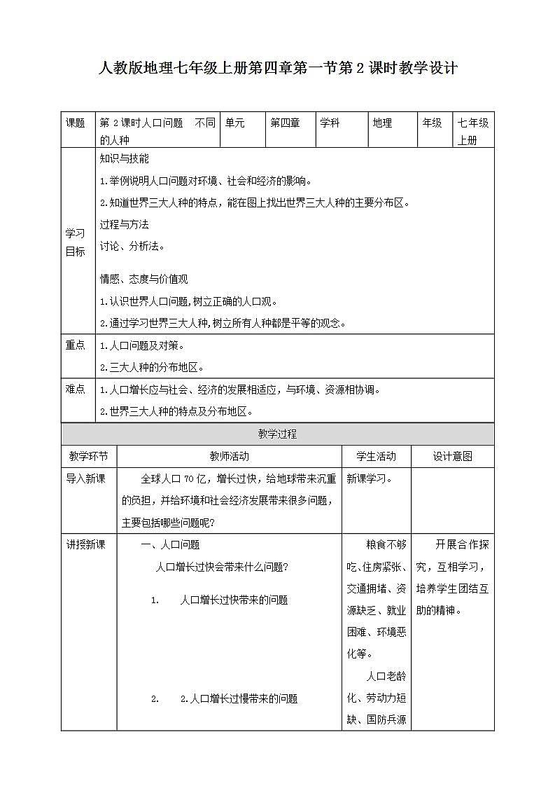 人教版地理七年級上冊 第四章第一節(jié)第2課時人口問題不同的人種第1頁