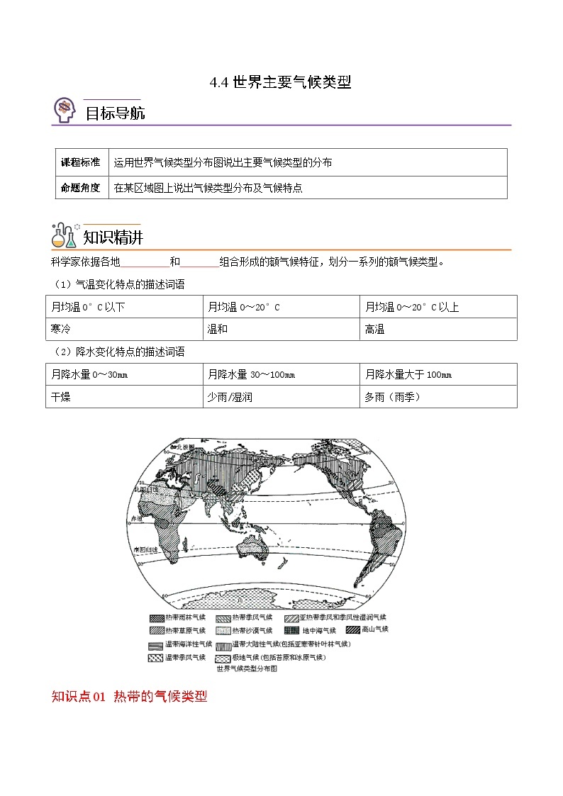 【同步讲义】湘教版地理七年级上册--4.4《世界主要气候类型》讲义01