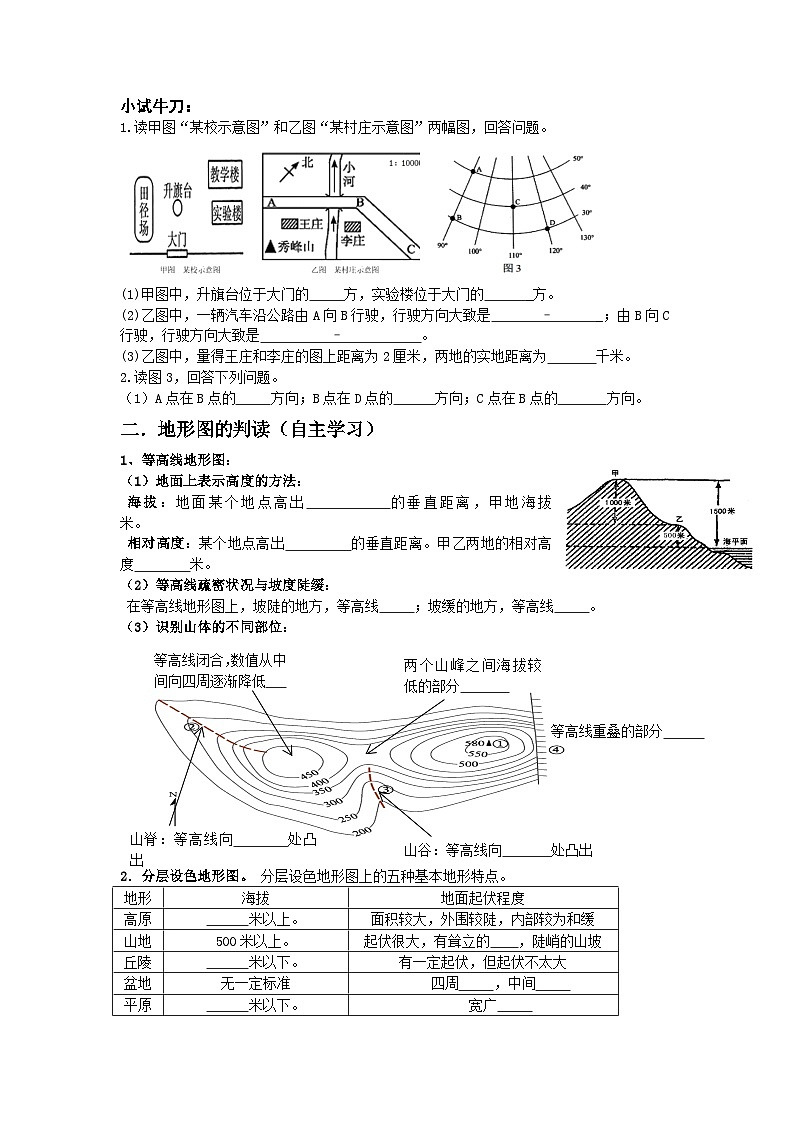 人教版地理七年级上册 1.3 地图的阅读 1.4 地形图的判读 复习导学案(无答案)02