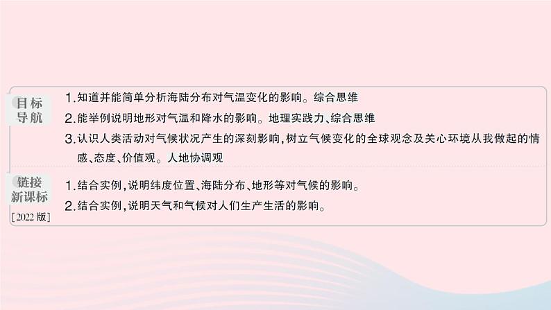 2023七年级地理上册第四章世界的气候第三节影响气候的主要因素第二课时海陆分布与气候地形地势与气候人类与气候作业课件新版湘教版02