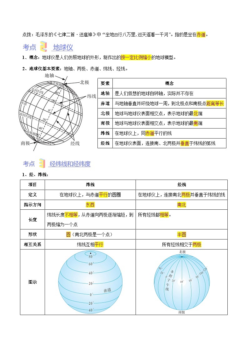 第一章 地球和地图(考点梳理卷)-七年级地理上册单元考点梳理分层卷(中图·北京版)02