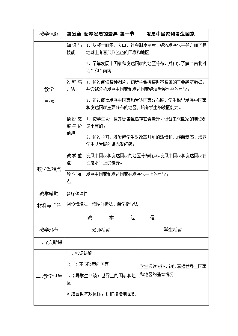 5.1 发展中国家和发达国家 教案01