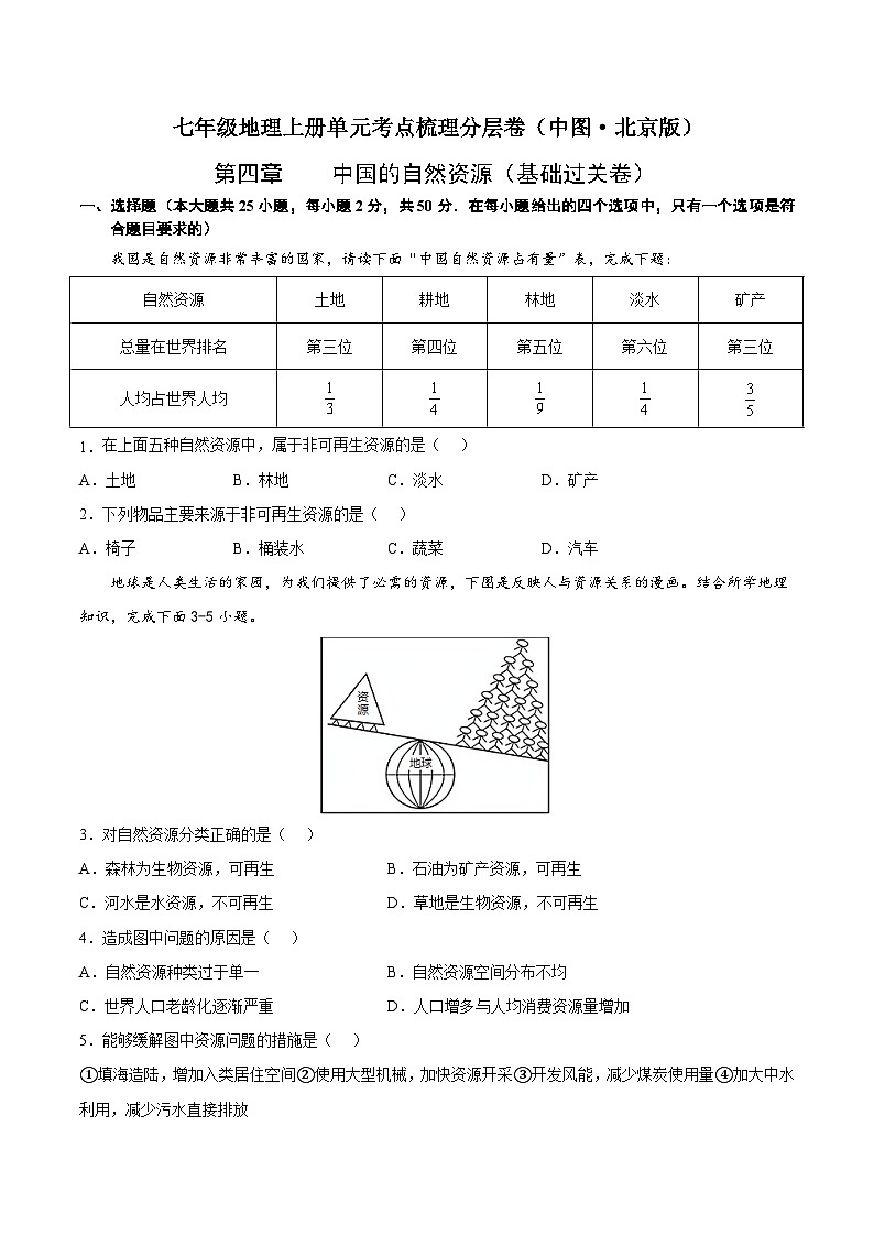 第四章 中国的自然资源(基础过关卷)-七年级地理上册单元考点梳理分层卷(中图·北京版)01