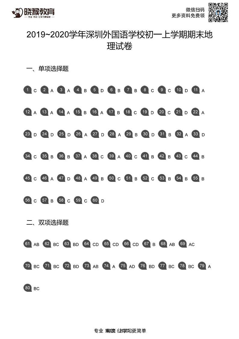 2019-2020学年深圳市外国语学校七年级上学期期末地理试卷答案第1页