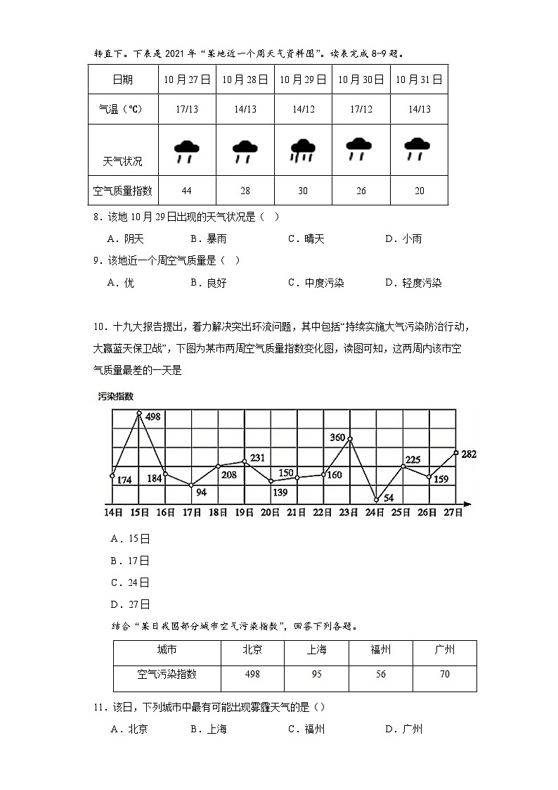 4.3天气同步练习-晋教版地理七年级上册第3页