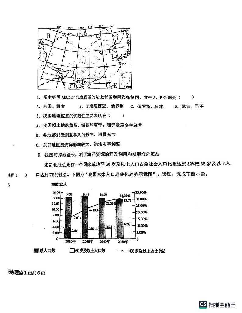 山东省临沂市兰山区临沂第六中学2023-2024学年八年级上学期10月月考地理试卷02