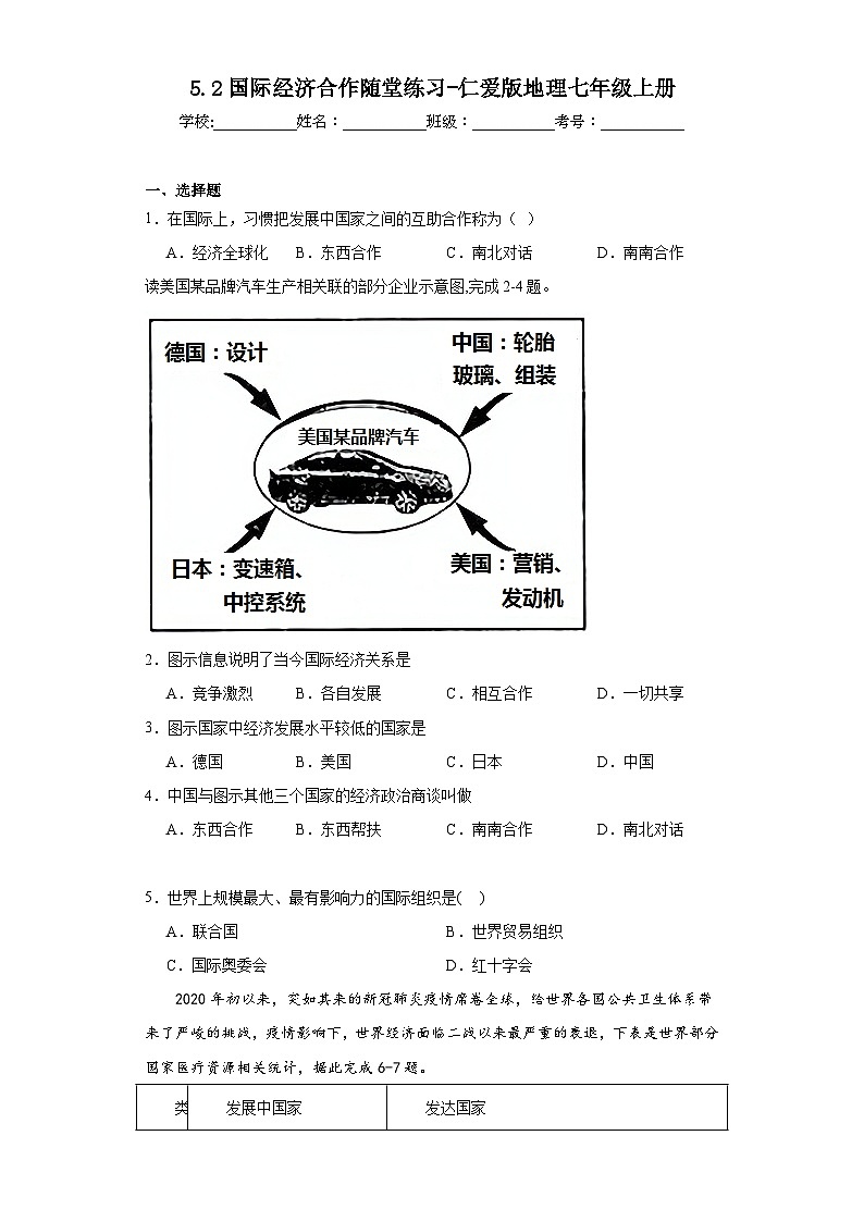 5.2国际经济合作随堂练习-仁爱版地理七年级上册01
