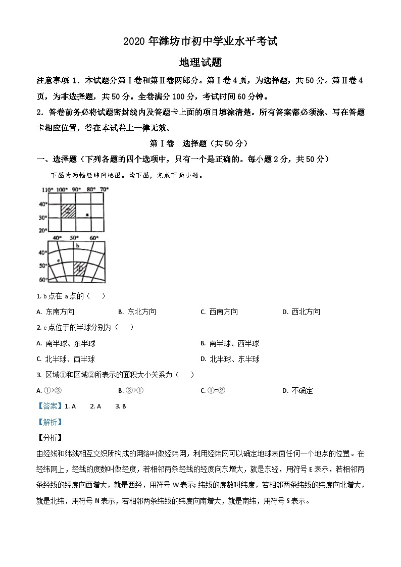 2020年中考真题精品解析 地理（山东潍坊卷）精编word版01