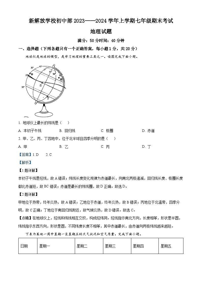 58,吉林省长春市新解放学校2023-2024学年七年级上学期期末地理试题01