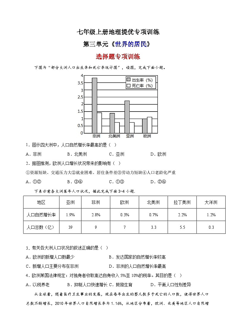 第三单元《世界的居民》(选择题60题)-2023-2024学年七年级上册地理提优专项训练(湘教版)第1页