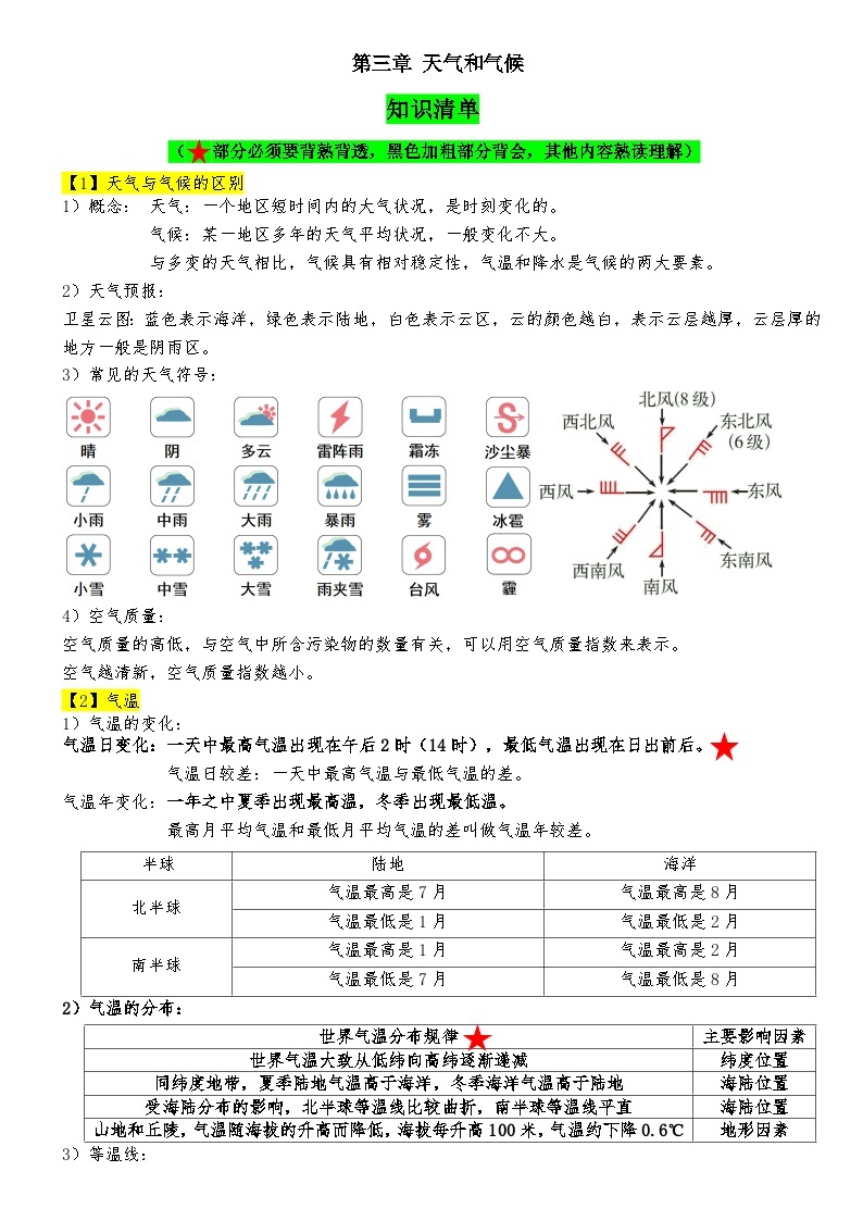 2024人教版地理七年级上册期末复习知识清单0301