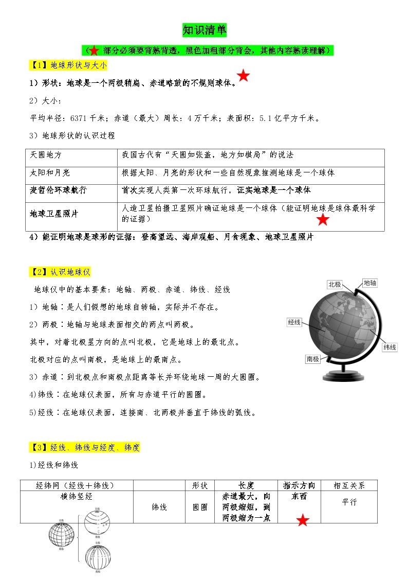 2024人教版地理七年级上册期末复习知识清单0101