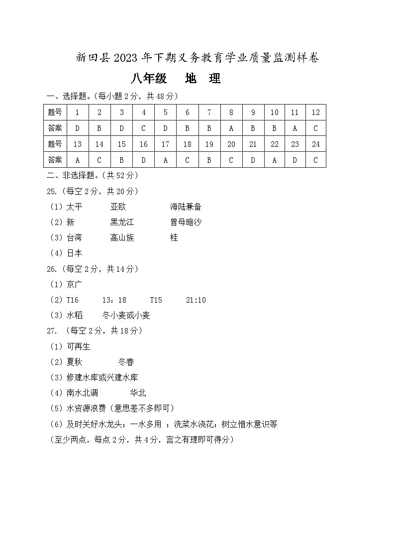 +湖南省永州市新田县2023-2024学年八年级上学期期末考试地理试题01