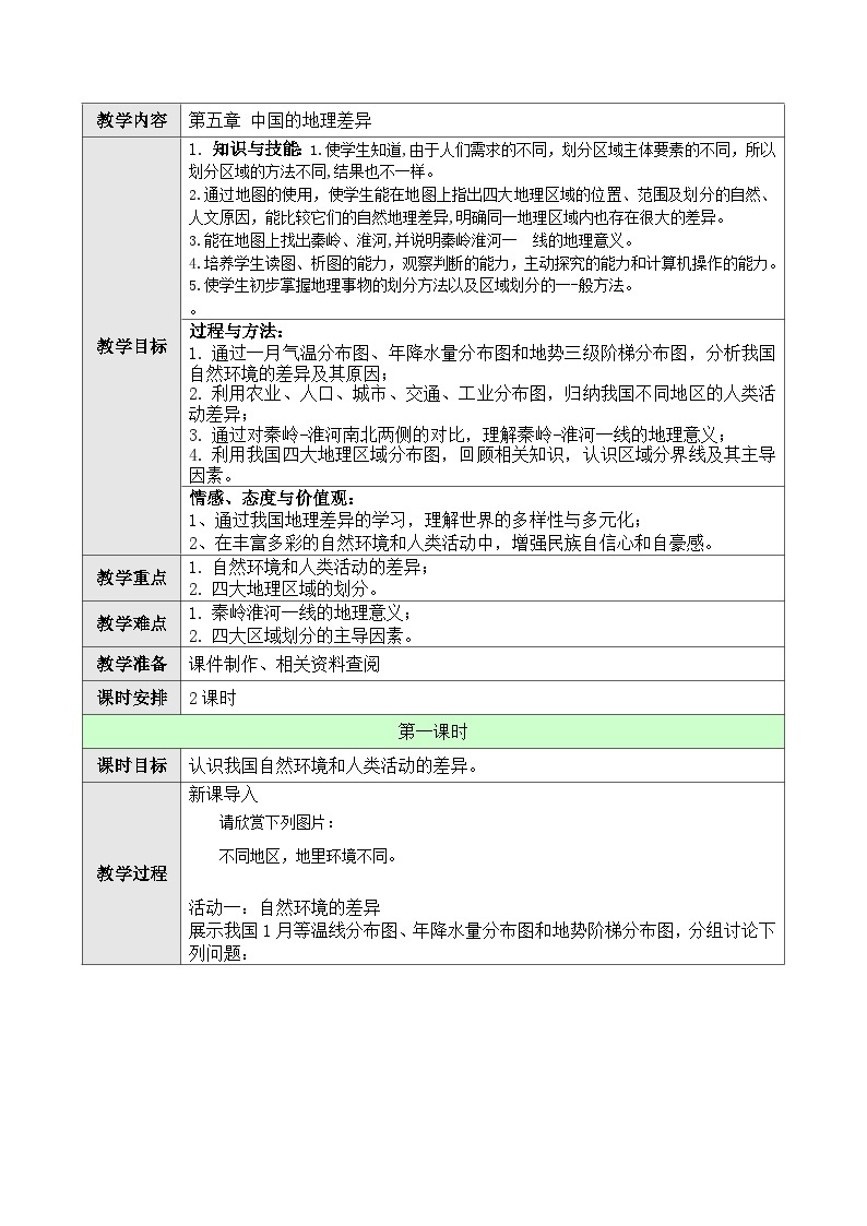 人教版八年级下册地理5.1中国的地理差异教案01