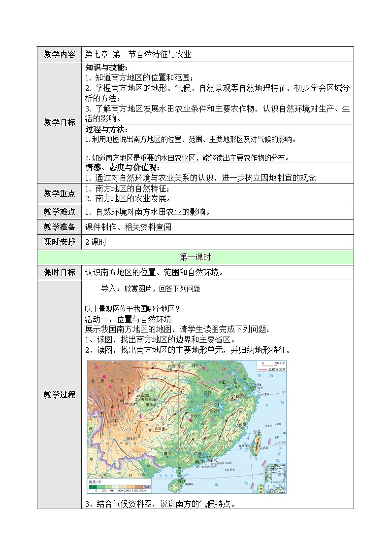 人教版八年級下冊地理7.1自然特征與農(nóng)業(yè)教案第1頁