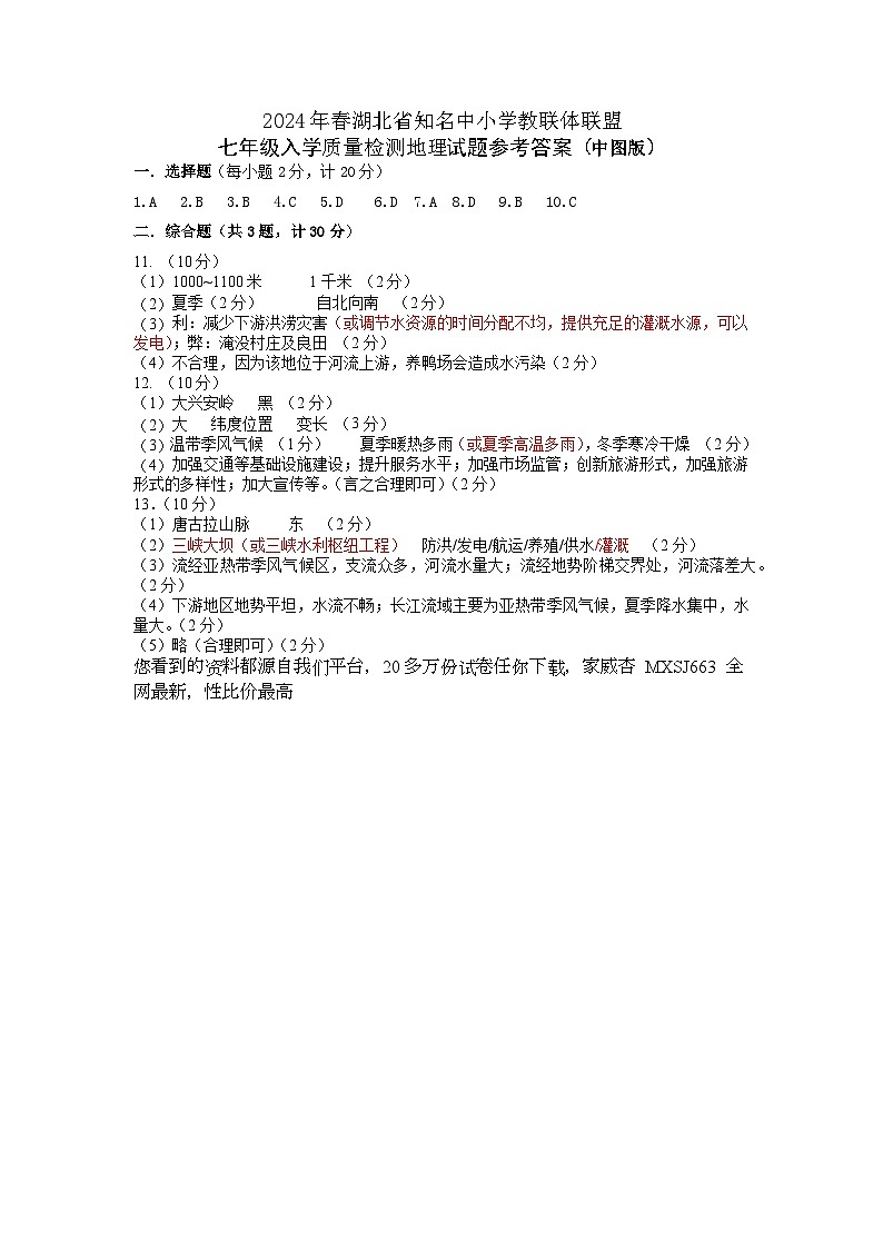 湖北省黄冈市浠水县部分学校2023-2024学年七年级下学期入学考试地理试题第1页