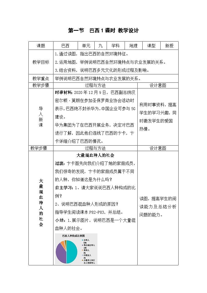 人教版地理七年级下册 9.2.巴西 第1课时教案第1页