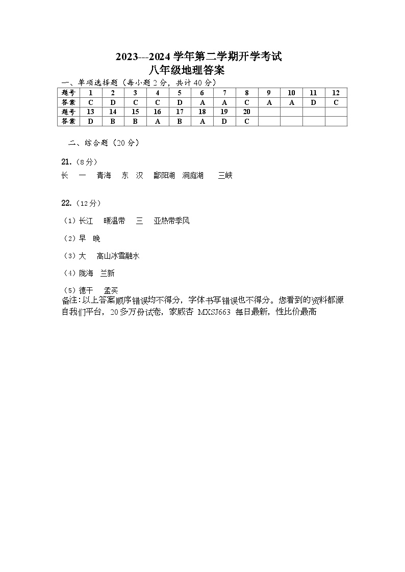 青海省西宁市海湖中学2023-2024学年八年级下学期开学考试地理试卷