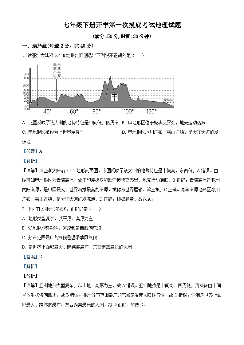 精品解析:山东省宁津县苗场中学2023-2024学年七年级下学期开学第一次摸底考试地理试题 (解析版)第1页