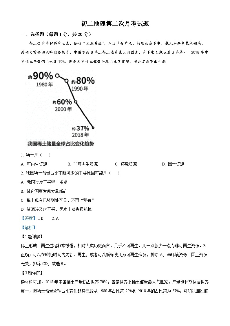 山东省菏泽市郓城县第一中学2023-2024学年八年级上学期第二次月考地理试题（原卷版+解析版）01