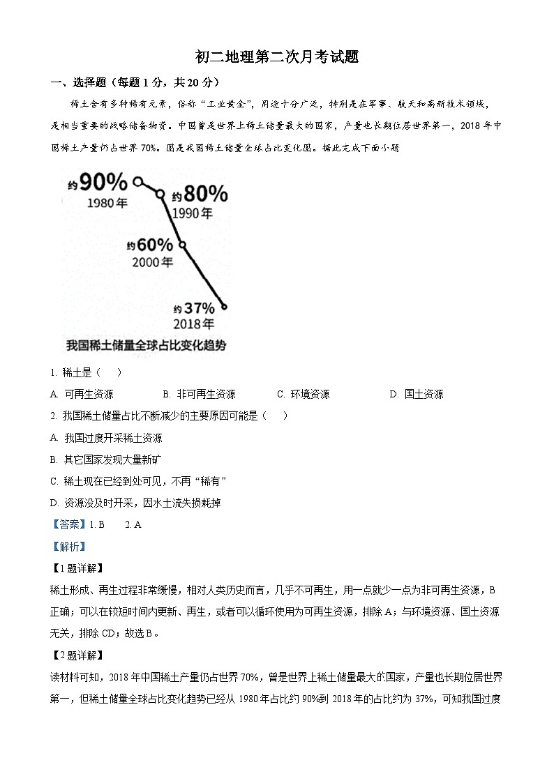 精品解析:山东省菏泽市郓城县第一中学2023-2024学年八年级上学期第二次月考地理试题(解析版)第1页