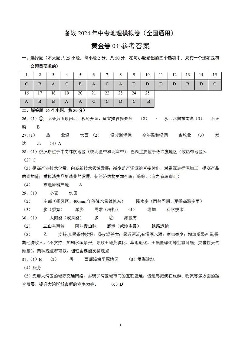 备战2024年初三中考模拟卷:地理03(全国通用)(参考答案)第1页