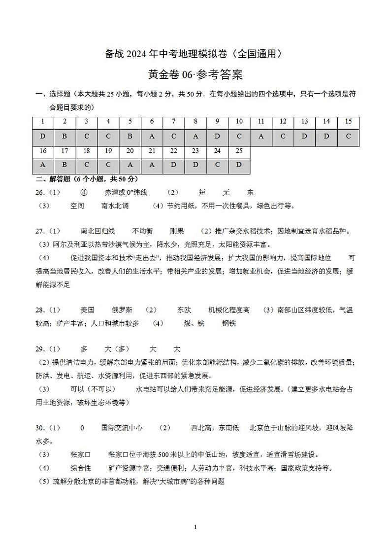 备战2024年初三中考模拟卷:地理06(全国通用)(参考答案)第1页
