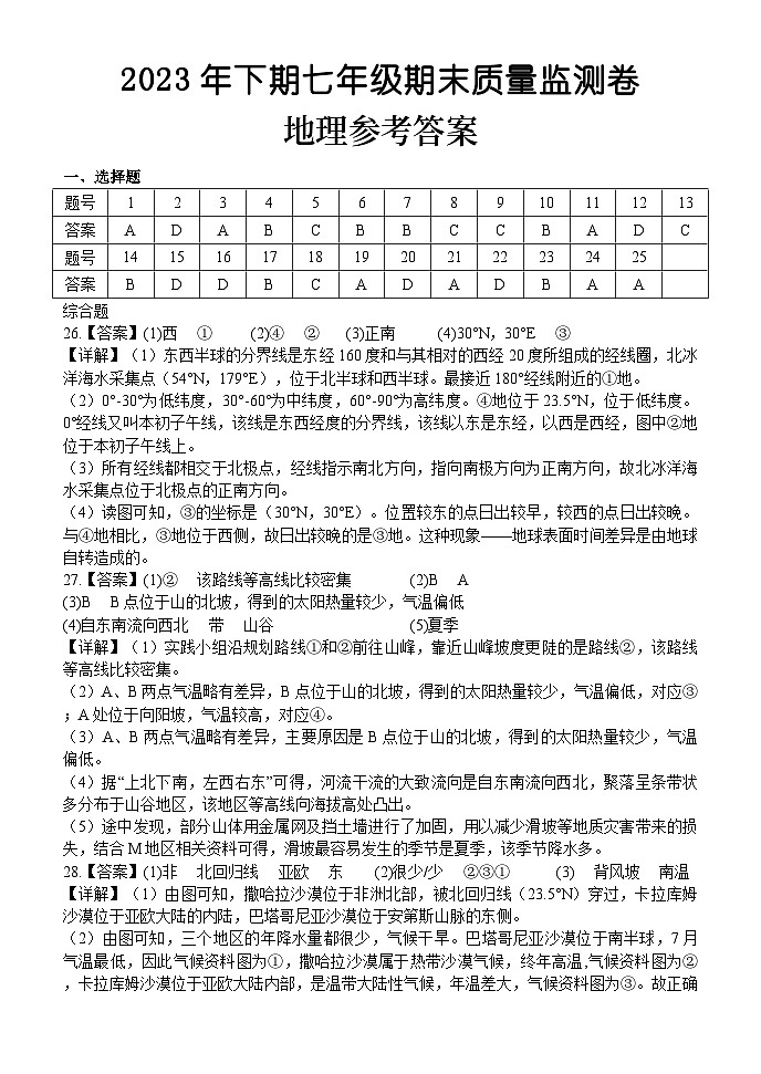 七年级地理答案第1页