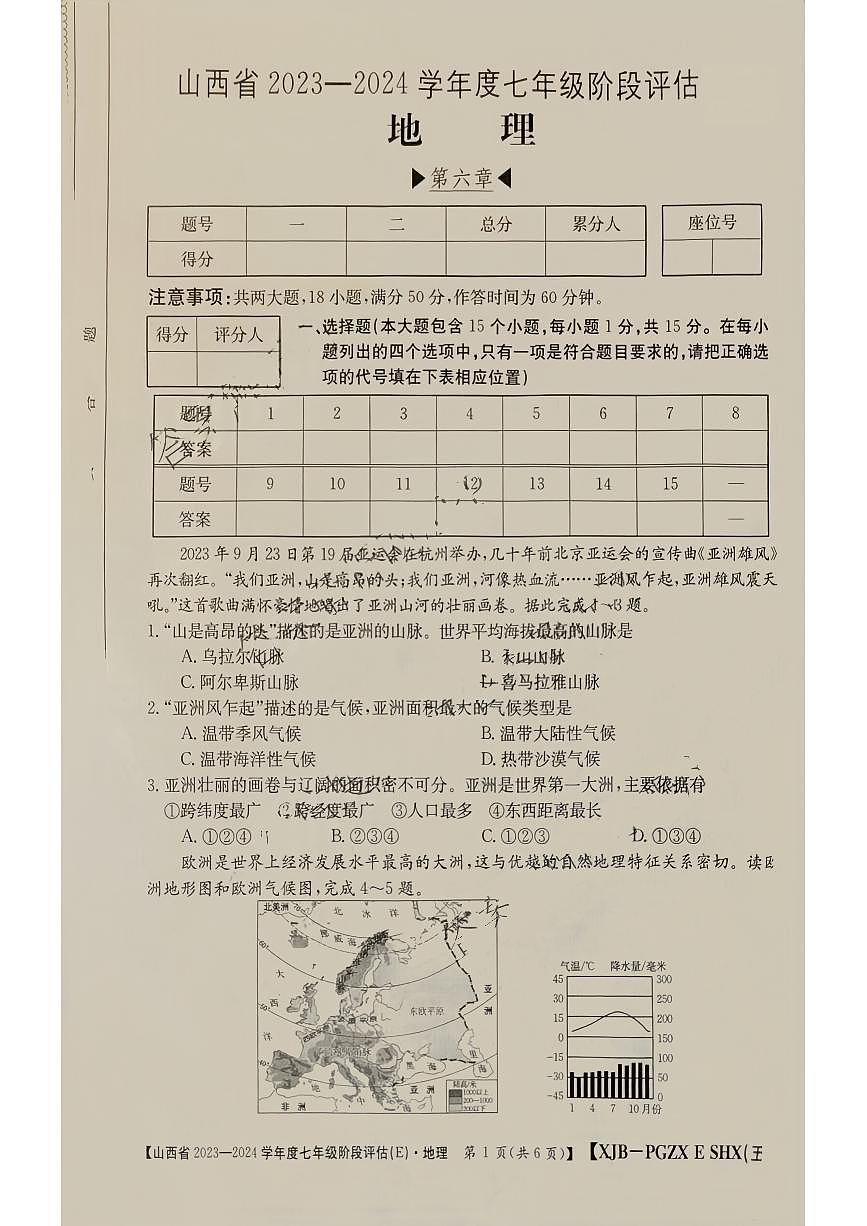 山西省呂梁市臨縣2023—2024學(xué)年七年級(jí)下學(xué)期第一次月考地理試卷+第1頁