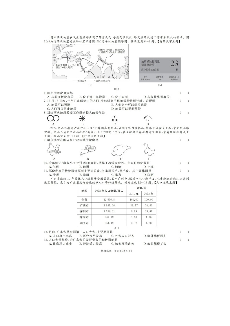 2024年广东省韶关市部分学校中考模拟联考(一)地理试卷+02