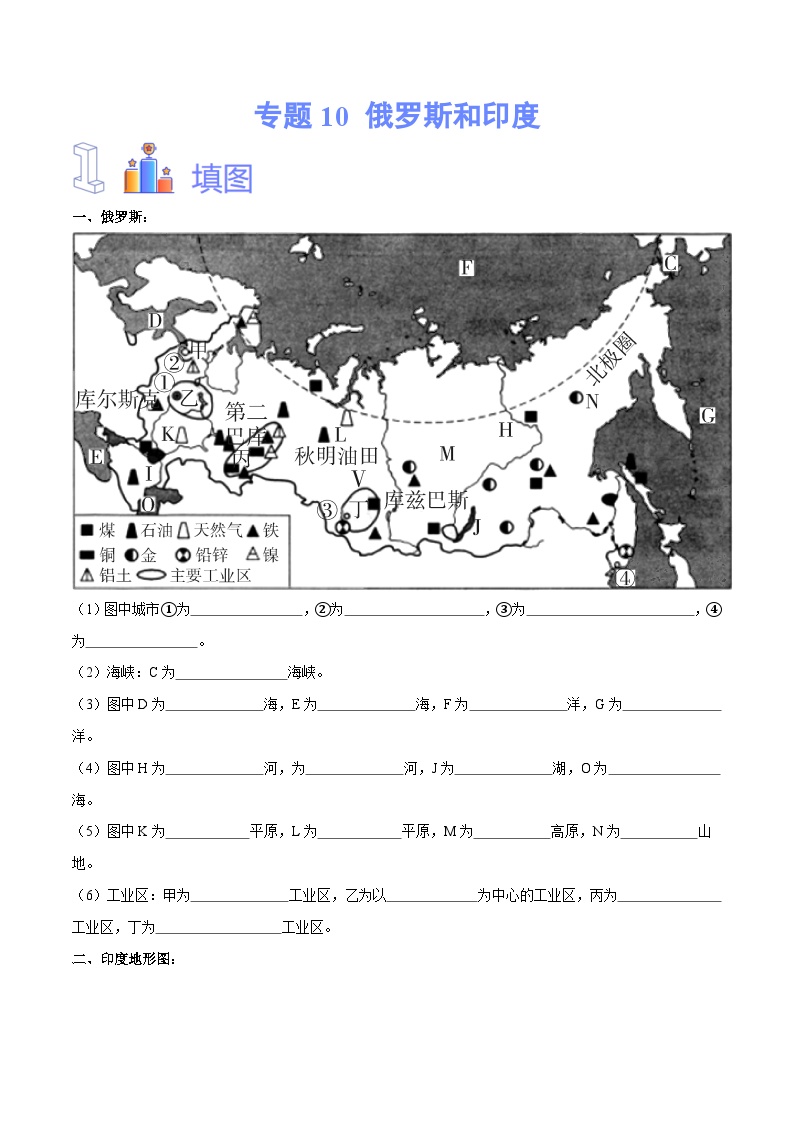 【2024年会考】初中地理专题10 俄罗斯和印度-识图速记手册与变式演练（全国通用）（原卷+解析版）